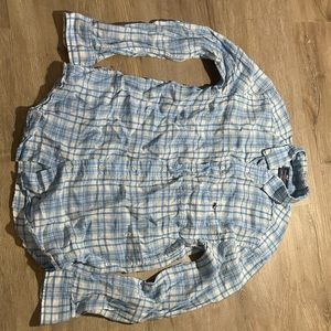 VINEYARD VINES Linen Button Down Shirt M Blue White Check Plaid Classic Tucker